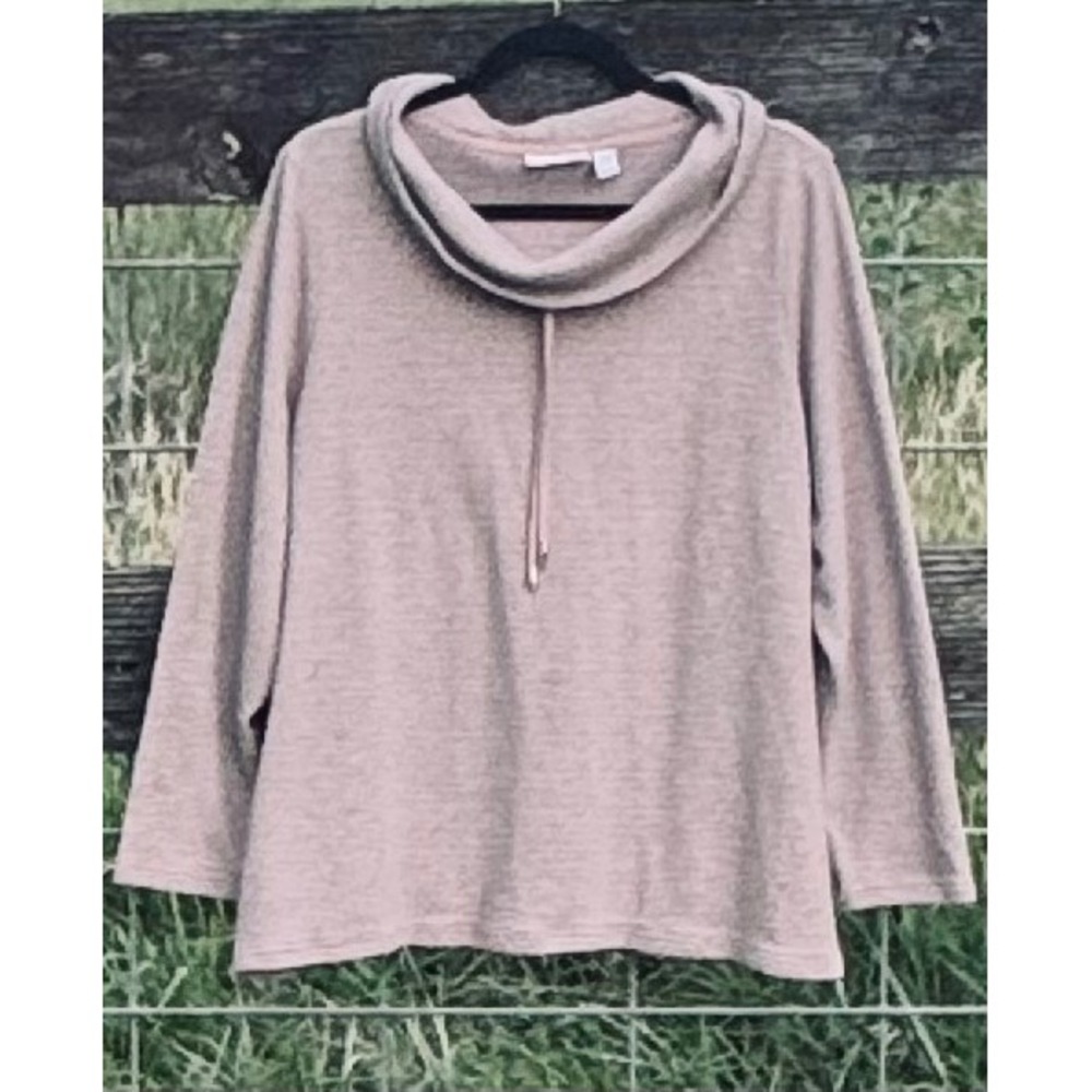 Denim & Co Active Womens 2X Pink Grey Striped Waffle Knit Cowl Neck Pullover Top